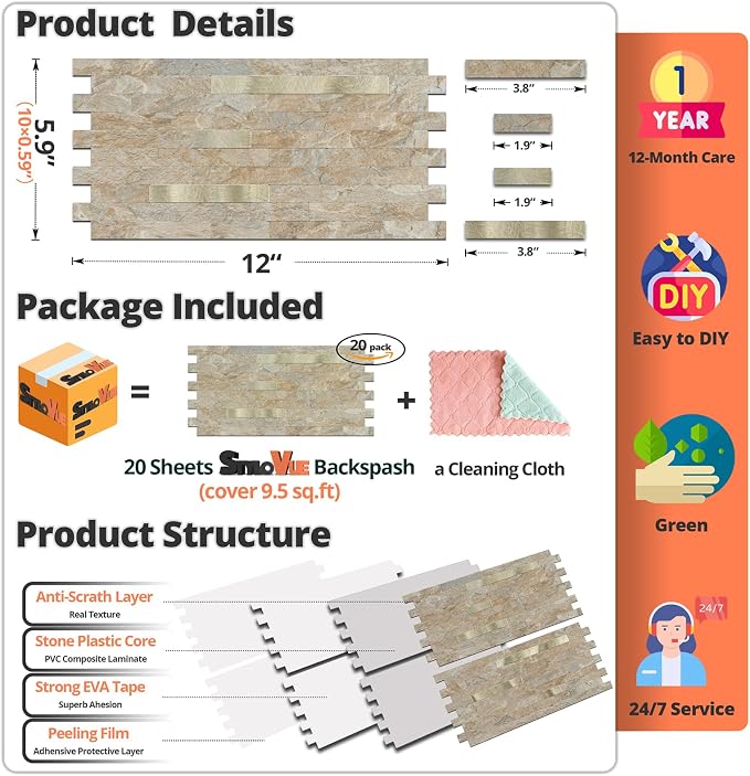 StyloVue 20 Sheets Peel and Stick Backsplash for Kitchen, Sandstone with Metal Gold Look Stick on Tile Upgrade Your Kitchen Backsplash, RV, Fireplace - Image 4