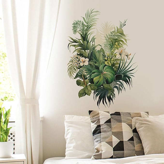 Botanical Wall Decals with Palm Leaves Lush Green Foliage White Flowers Removable Peel and Stick Wall Art 22.4x15.7 inches for Living Room Nursery Home Decor - Image 4
