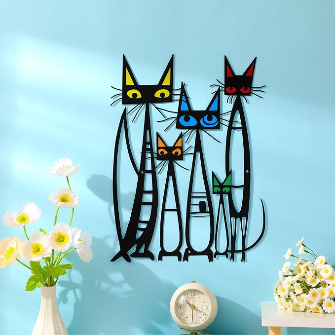 Wesiti Metal Cat Wall Art Decor 10.6x15.7 Inches Colorful Mid Century | Iron Sculpture with 5 Felines, Retro Pictures, Living Room Bedroom Kitchen Decor, Geometric Design, Lover Gift - Image 3