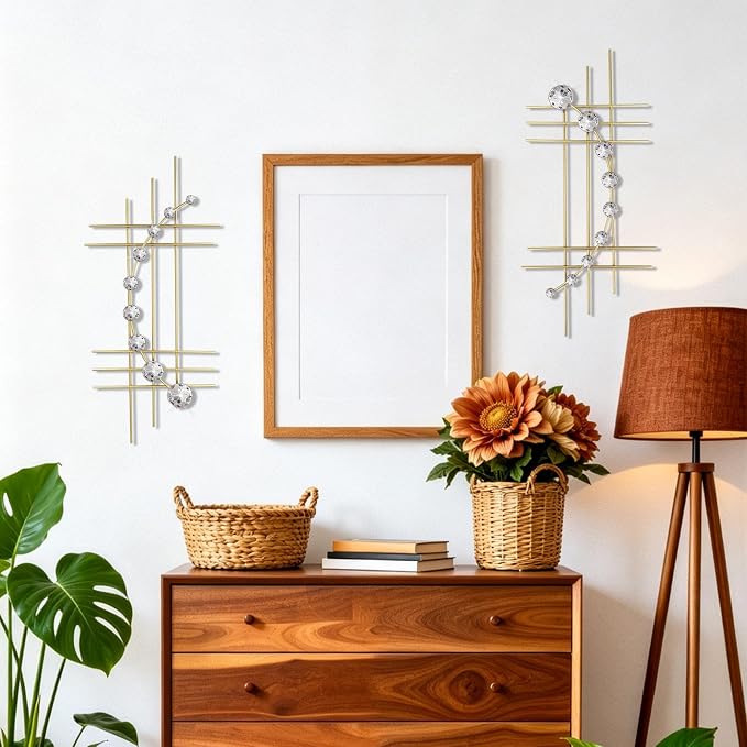 ZEXUIRU 2 Pcs Abstract Metal Art for Wall Decor Living Room Bedroom Bathroom Office Metal Bling Modern Geometric Hanging Vertical Small Iron Sculpture Plaque Pack -Gold 15.7in - Image 2