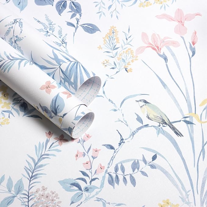 Erfoni Boho Floral Peel and Stick Wallpaper Blue Floral Birds Contact Paper | 16.9" x118" DIY Self Adhesive Removable Wallpaper for Livingroom Cabinet Decor Modern Flower Leaf Wallpaper Vinyl Roll - Image 9