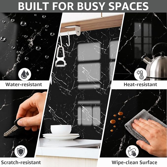 WADILE 20PC Waterproof Peel and Stick Wall Panels 11.8 x 11.8 Black | Marble look, Self adhesive, PVC Panels, Lightweight Foam Wall Panels, Bathroom, Kitchen, Not Real Tile - Image 5
