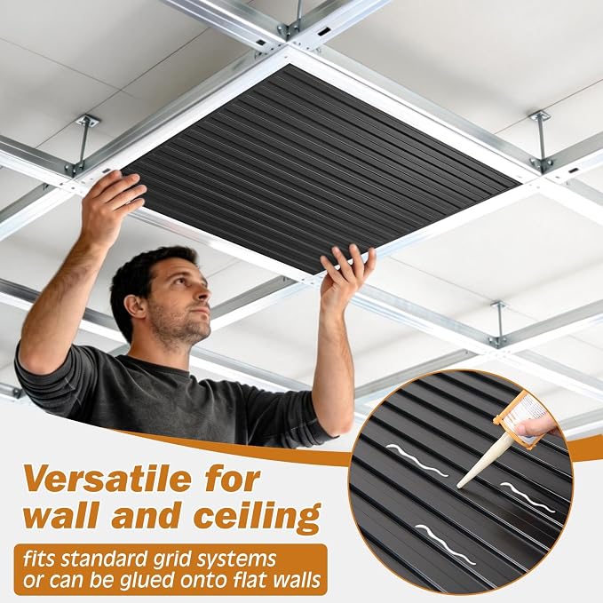 WOWSTAR 24-Pack 24"x24" Drop Ceiling Tiles, Waterproof Glue up PVC Ceiling Panels, Modern Style 3D Slat Wall Panels, Black - Image 4