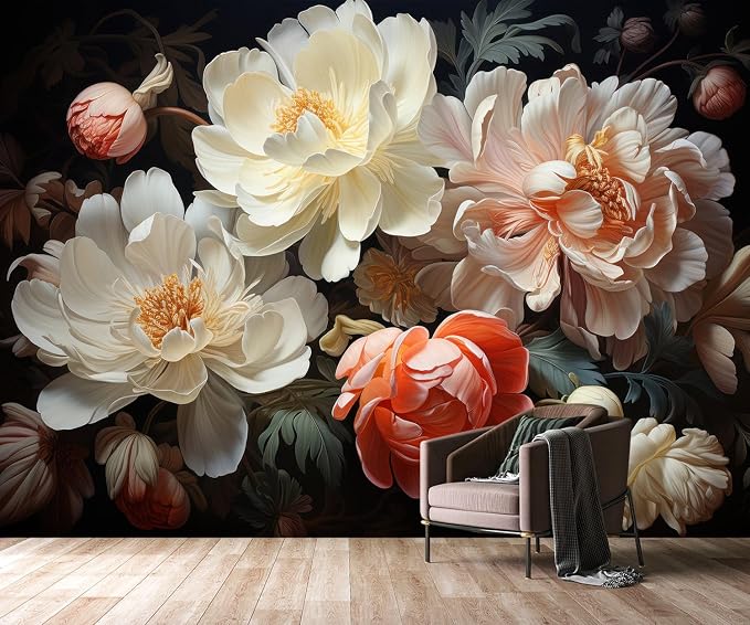 PYFFYP-3D Floral Peel and Stick Wallpaper murals with Dark Peony | For bathroom bedroom,Self adhesive paper by PYFFYP