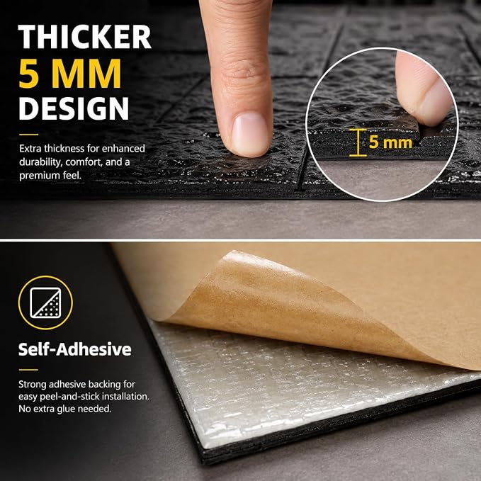 3D Wall Panels Peel and Stick Faux Foam Brick Wallpaper Covering | Black 20 PCS 11.8"×11.8" Self Adhesive Stone Wall Tiles for DIY Interior Wall Decor - Image 5