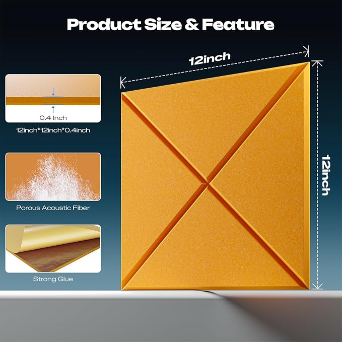 Sonicism 22 Pack X-Lined Acoustic Panels with Self-Adhesive, 12"X 12"X 0.4" Sound Proof Foam Panels, Decorative Soundproof Wall Panels, Sound Absorbing Tile for Home & Offices, Orange Yellow - Image 2