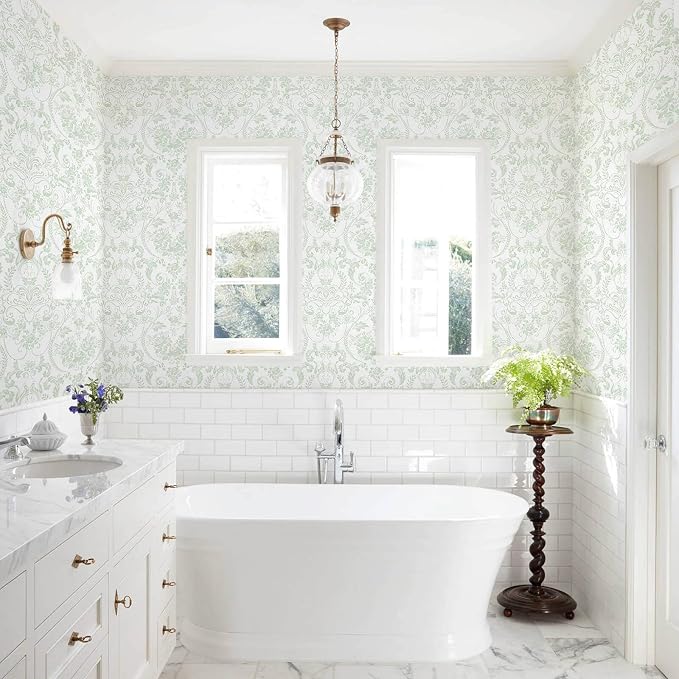 Peel and Stick Wallpaper for Bedroom Sage Green Damask Self-Adhesive | 393" × 17.3" White & Sage Green Vintage Scroll Removable Waterproof Vinyl Wall Decor for Bathroom, Nursery - Image 6