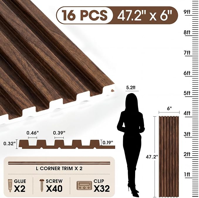 WPC Acoustic Slat Wall Panels 16-Pack 47.2'' x 6'' (Cover Approx.32 sq.ft) | Accent 3D Wall Panel for Interior Wall Decor, Waterproof Fluted Textured Panel Wall Slats,Solid Walnut - Image 2