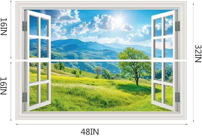 Fake Window Wall Decals Green Mountain Forest Tree Faux Window Sticker Poster Picture Open Wall Art Decor, Stick and Peel Landscape Natural Scenery Scene Mural 48"x32",Set of 2 Sheets - Image 2