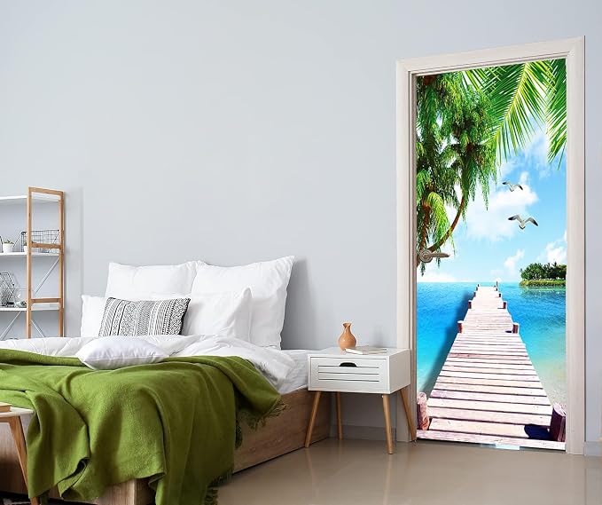 artfanke 3D Door Sticker Peel and Stick 33.5"x84.6"- Self-Adhesive Door Murals Wallpaper- Wooden Bridge Seascape Wall Decals Waterproof for Bedroom Decor (2 Sheets/Set) - Image 3