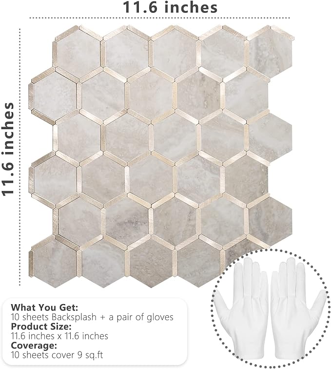 STICKGOO Hexagon Peel and Stick Backsplash Tile, Stick on Backsplash for Kitchen and Bathroom, Beige Marble Look PVC Mixed Metal Gold Self Adhesive Wall Tiles(10 Sheets, Seamless) - Image 2