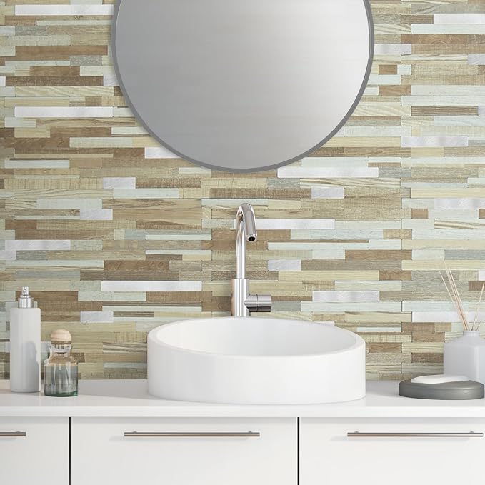 AULIGET 20 Sheets Beige & Brown Wood Peel and Stick Backsplash, PVC Mixed Metal Silver Wall Tile Stick on Backsplash for Kitchen and Bathroom - Image 4