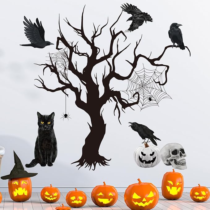 Wxiben Halloween Wall Decals Decor, 4 Pcs Halloween Wall Stickers | Skull Black Cat Tree Crow Removable Murals, Peel and Stick Decal for Home Decor Halloween Party Supplies by Wxiben