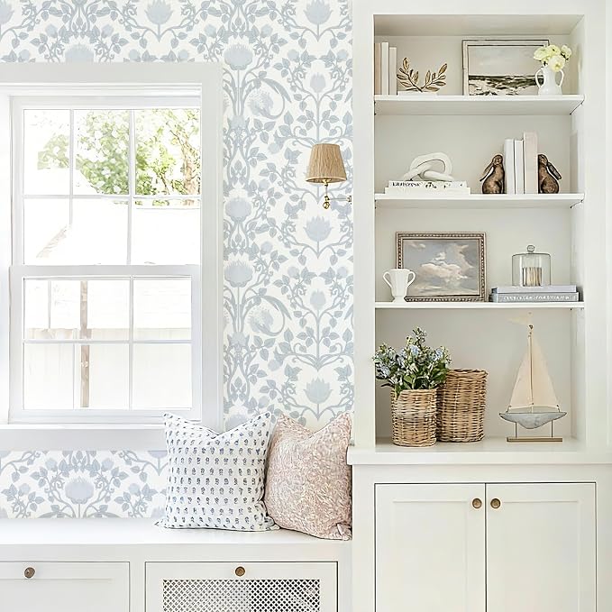 YXTII 590.5" × 17.3" Blue Floral Peel and Stick Wallpaper, Damask Vintage Wallpaper for Bedroom Bathroom Self Adhesive Removable - Image 7