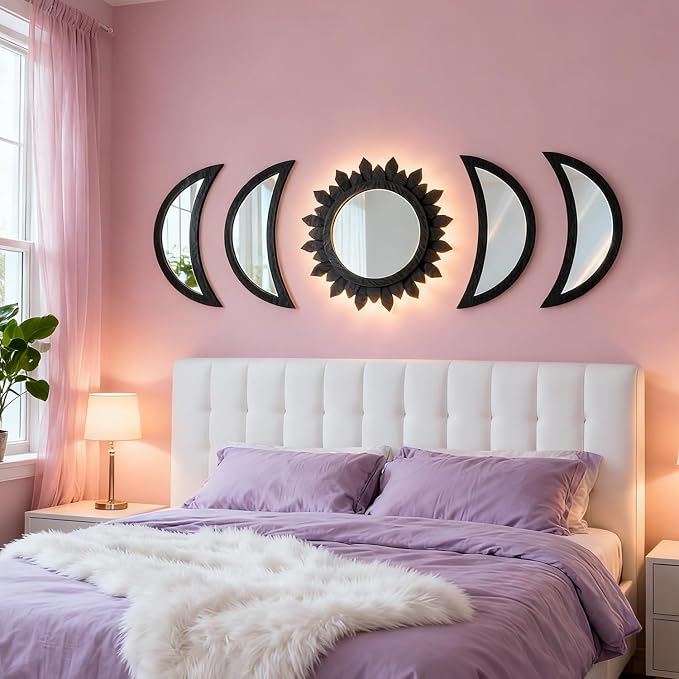 5 Pieces Moon Phase Mirror Wall-Mounted Wall Decor Mirrors Natural Wooden Sunburst Bohemian Wall Art for Home Living Room Bedroom Decoration - Image 5