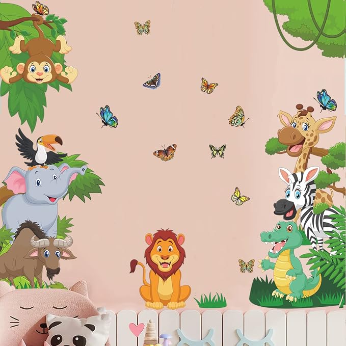 Supzone Jungle Animals Wall Stickers Forest Animals Wall Decal Elephant Monkey Giraffe Lion Wall Decor DIY Vinyl Mural Art for Kids Baby Nursery Bedroom Living Room Playroom - Image 2