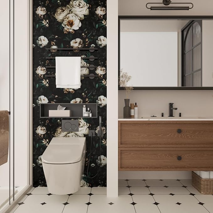 Laatse Dark Black Floral Wallpaper Peel and Stick 17.5" × 393" | Self Adhesive/Removable/Waterproof/Thick Vinyl Contact Paper for Bathroom Bedroom Shelf Cabinet Drawer,Prepasted,Easy Peel - Image 7