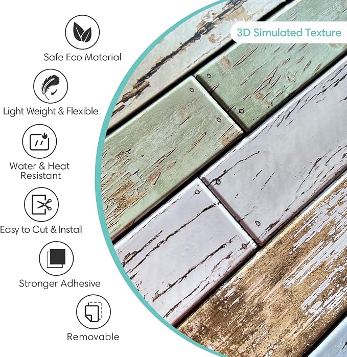 Commomy 3D Faux Wood Wall Stickers Peel and Stick 10 Pcs 11.8" x 11.8" | Ultralight Thin PVC Fake Wood Wallpaper for Kitchen Backsplash,Bathroom,Interior Wall Decor(9.7sq.ft) - Image 3
