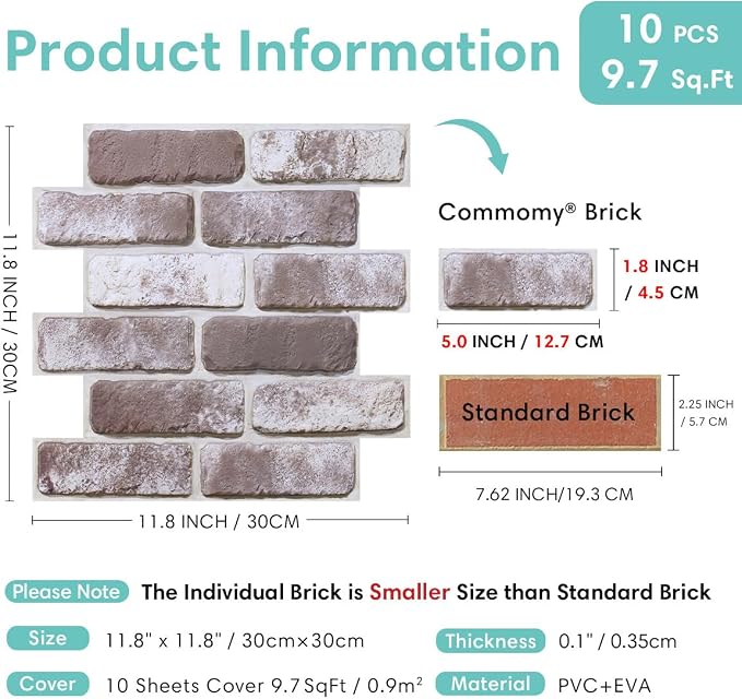 Commomy Faux Brick Wall Panels Peel and Stick Thin PVC 10 Pcs 11.8" x 11.8" | Small Size Thin PVC Quick Wall Covering Home Decor for Kitchen,Fireplace,Home Office (Covers 9.7 sq.ft) - Image 4
