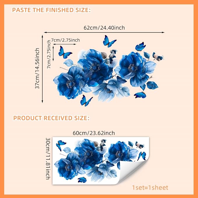 Blue Flower Wall Decals Peel and Stick Peony Floral Wall Sticker Decor Removable Peonies Bouquet Wall Murals with Butterflies for Girls Bedroom Living Room Bathroom Hallway Door Office Kids Nursery - Image 6