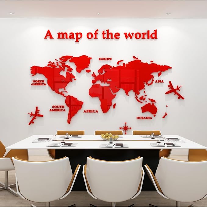 WINDIR 3D World Map Wall Stickers Decor Murals DIY Decal Red 47x24 inch, Acrylic Office Wall Art Decor Bedroom Living Room TV Wall (Red: 120x60 cm) Medium - Image 6