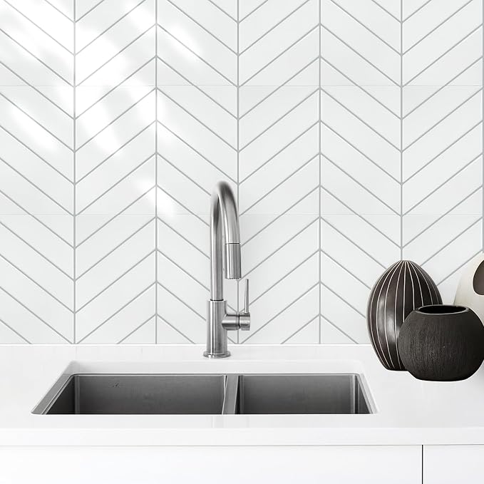 STICKGOO Herringbone Peel and Stick Backsplash, White/Grey Grout, 10 Sheets | 12.6 x 9.7 in, Thicker Rectangular Vinyl Stick-On Wall Tiles, Easy Alignment, Waterproof, Easy to Clean, Kitchen/Bathroom - Image 9