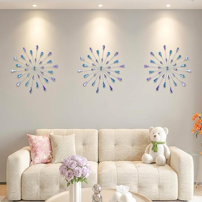 ZEXUIRU 3 Set Silver Starburst Wall Art for Home Decor Metal Bling Crystal Rhinestones Sunburst Wall Decor Sparkling Rhinestone Art Accent Silver - 13in - Image 5