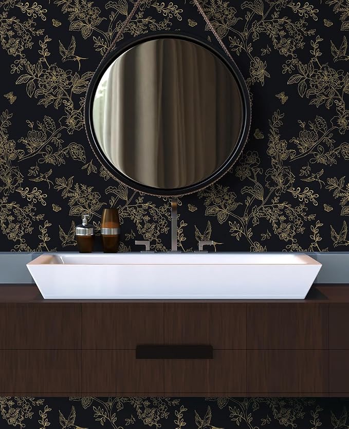 Froluya Black Gold Floral Wallpaper Peel and Stick Wallpaper 17.7in×118.1in | Dark Floral Contact Paper Peel and Stick Vintage Boho Birds Removable Self Adhesive Wallpaper for Bathroom Cabinets Vinyl - Image 6