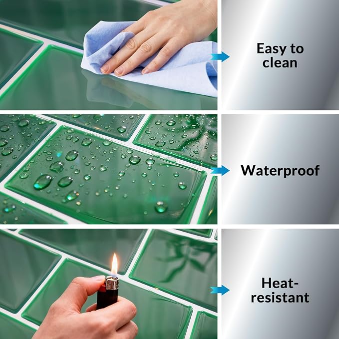 Joysticky 10-Sheet Peel and Stick Backsplash, 12" * 12" Laser Crystal Texture Stick on Tiles Backsplash for Kitchen & Bathroom，Thicker Design Peel and Stick Wall Tiles (Green) - Image 5