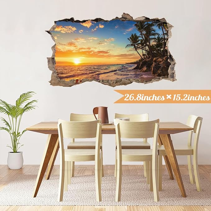 Sunset Beach Wall Decals 3D Broken Walls Stickers Peel and Stick Art Murals | Sunset palm tree stickers, removable beach seascape vinyl decal, for bedroom living room kitchen summer art print decorative - Image 9