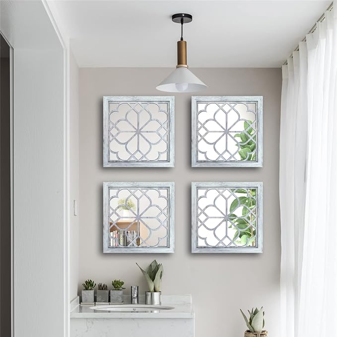 Wocred Set of 4 Mirrors Square Wall Mirror,Gorgeous Rustic Farmhouse Accent Mirror,Rustic White Color Entry Mirror for Bathroom Renovation,Bedrooms,Living Rooms and More(12”x12”4pcs) - Image 5