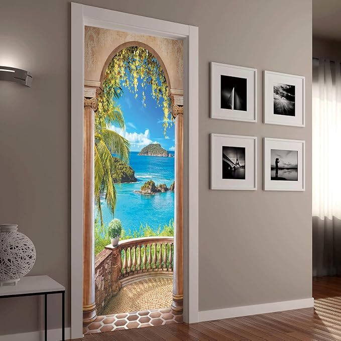 artfanke 3D Balcony Arch Seascape Peel and Stick Door Sticker 30.3"x78.7",Self-Adhesive Door Wall Murals Wallpaper Decal for Living Room Bedroom Decor (2 Sheets/Set) - Image 8