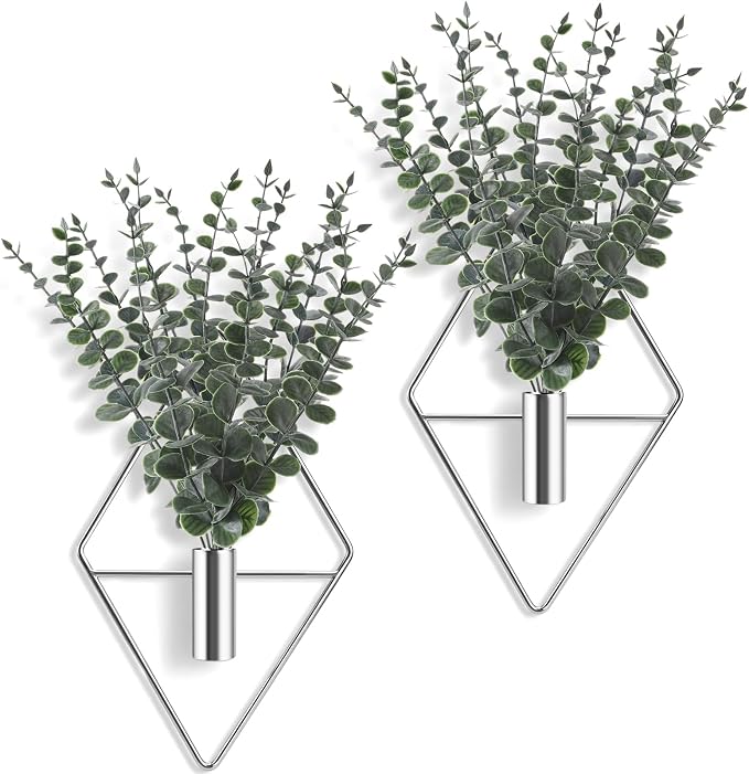 Jexine 8 Pcs Hanging Artificial Planters Wall Decor, Silver, Eucalyptus | Bathroom Wall Decor, Geometric Metal Vase, Indoor Plants, Living Room, Home Office, Entryway, Boho Accent, Wall Mounted by Jexine
