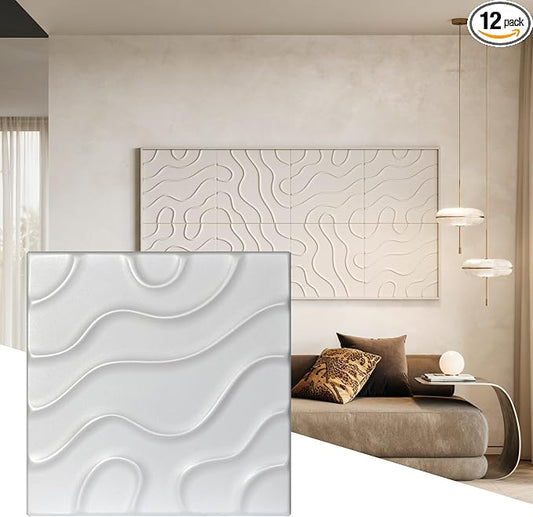Wall!Supply 3D Flow Line Wall Panels, 12-Pack, White | Lightweight XPS Foam, Wallpaper Alternative, Easy DIY Installation, Covers 32.29 Sq Ft, for Living Room, Bedroom, Office by WallSupply