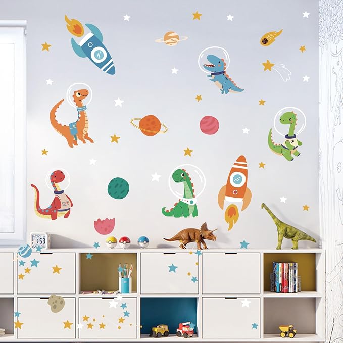 LHIUEM Cute Dinosaurs Astronaut Decal for Nursery,Outerspace Rocket Double Sided Window Clings,Solar System Classroom stickers,Planets Galaxy Gift for Kids Room,Transparent Celestial Stars Wall Decals - Image 6