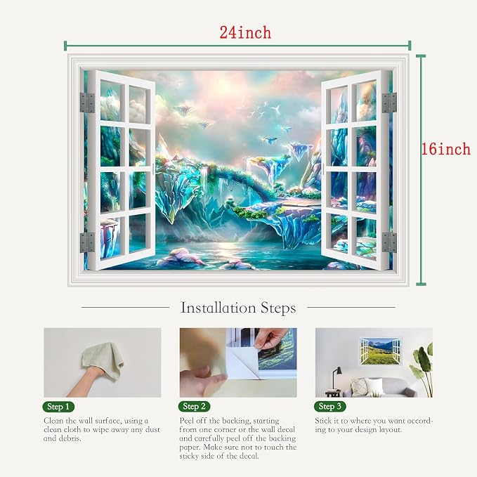 ‌Lmyhome Fake Window Wall Mural Fantastic Fairy Tale Waterfall (16"x24") | Peel and Stick Faux Window Wall Sticker Decal Poster for Bedroom Home Decor - Image 4