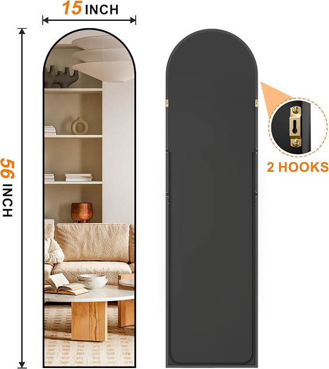 Arched Full Length Mirror, 56"x15" Standing Body Mirror for Wall, Black - Image 2