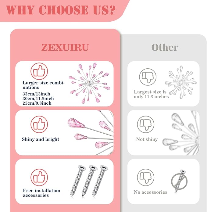 ZEXUIRU 4 Set Silver Starburst Wall Art for Home Decor Metal Bling Crystal Rhinestones Sunburst Wall Decor Sparkling Rhinestone Art Accent -Pink 13in/11.8in/9.8in/9.8in - Image 7