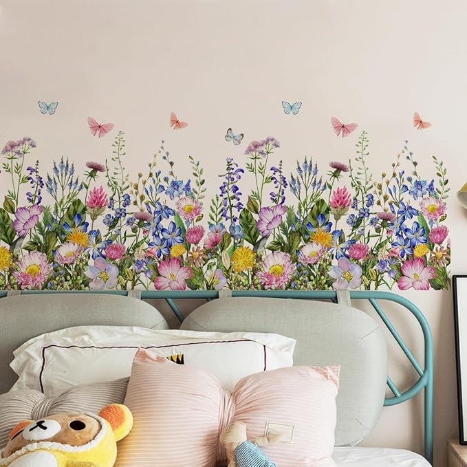 4 Pieces Flowers Wall Decals Vinyl Flowers Wall Stickers Removable Floral Murals Peel and Stick Colorful Flower Decor for Girls Bedroom Living Room Nursery (Butterfly) - Image 3