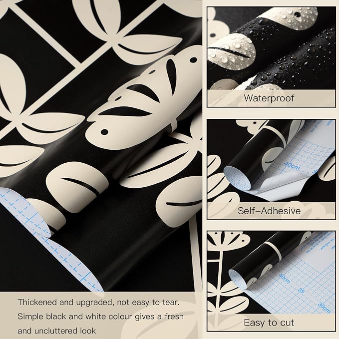 HeloHo Peel and Stick Wallpaper Black and Cream White Wallpaper Vintage Wall Paper for Bedroom Modern Self-Adhesive Removable Thicken Waterproof Contact Paper for Cabinet Bathroom Vinyl 78.7"x17.3" - Image 5