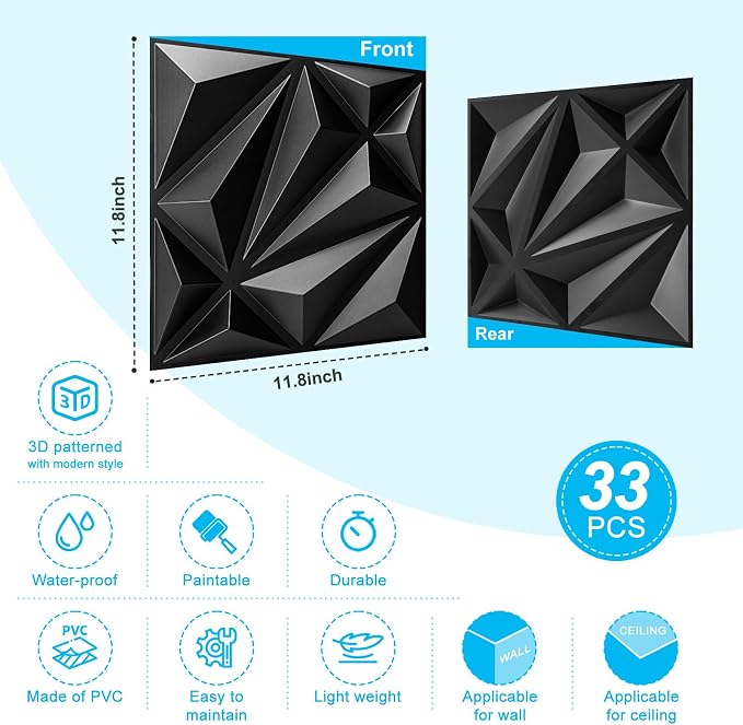 Art3d 33-Pack Accent 3D Textured Wall Panels, 11.8 x 11.8 in, Black | PVC, Decorative, Stain Proof, Wipeable, Trimmable, Ideal for Living Room, Bedroom, Office and TV Background Walls - Image 5