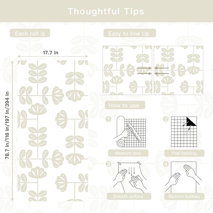 HeloHo Peel and Stick Wallpaper Boho Beige/White Contact Paper Neutral Wallpaper Renter Friendly Removable Self-Adhesive Wall Paper for Bedroom Bathroom Wall Decor Vinyl Roll 17.3''x78.7'' - Image 5