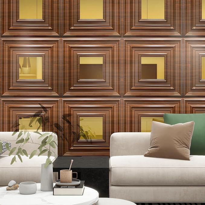 12 Pack PVC Ceiling Tiles 19.7"x19.7" – Gold Mirror & Wood Grain 3D Wall Panels for Wall and Ceiling Decoration,Cover 32.3 Sq.Ft – Waterproof,Lightweigh(Dark Brown, Gold) - Image 2