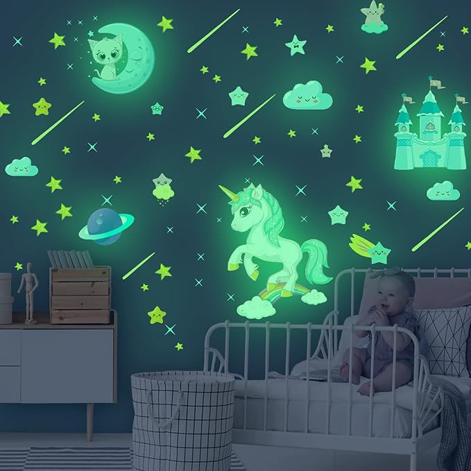 Glow in The Dark Unicorn Stickers, 206 pcs Cats and Moon Wall Decals, Glowing Castle Clouds Ceiling Decor for Kids Bedroom, Stars and Rainbow Wall Decor for Girls and Boys Gift by Robmoda