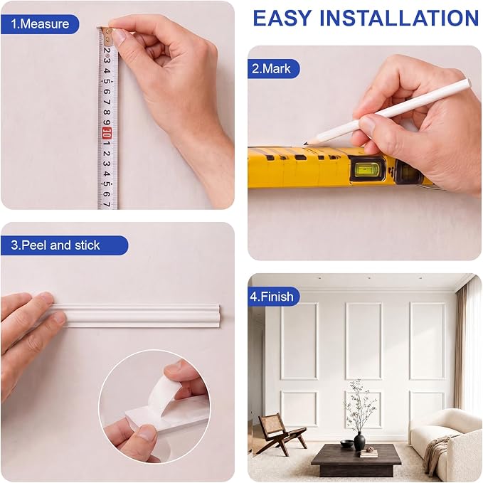 COUKIU Peel and Stick Wall Molding Kit, 6-Frame Pre-Cut Wainscoting Panels, Ready-to-Assemble Self Adhesive Wall Moulding Trim, Paintable Accent Frames for Interior Wall Decor (54" x 24") - Image 7