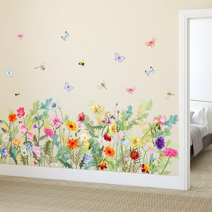 Wildflower Wall Decals, Colorful Floral with Butterflies, Bees and Dragonflies, Peel and Stick Removable Vinyl Stickers for Bedroom Living Room, 49.2x25.5in, 2 Sheets - Image 5