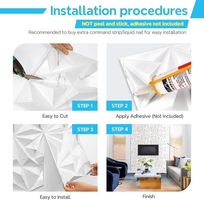 STICKGOO Diamond 3D Wall Panels, White Marble 12''x12'', 33 Pack | Accent Wall Panels for Interior Wall Decor, Living Room, Bedroom, TV Background, Office,Cover 32 Sq.Ft - Image 7