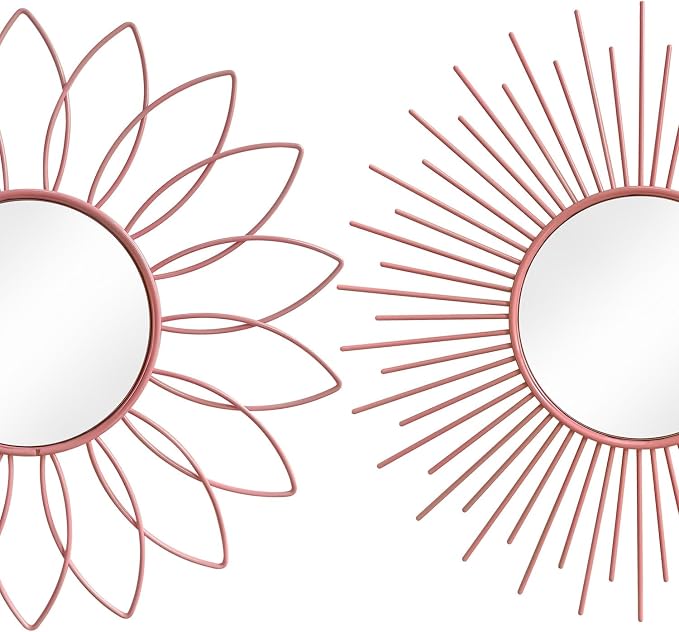 3 Pack Metal Mirrors for Wall Sunburst Wall Mirrors Home Décor Decorative Hanging Wall Art for Living Room Bedroom Entryway (Pink, Flower+Sunburst) - Image 2