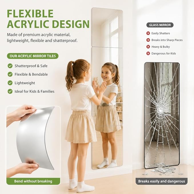 Shatterproof Acrylic Mirror Tiles, Kids Safe Wall Mirror, 4 Pack - Image 3