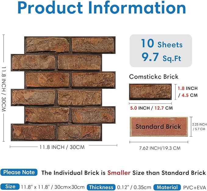 COMSTICKC 3D Peel and Stick Faux Brick Wall Panels for Quick DIY Wall Decor | Brown, 10 Pcs 11.8" x 11.8", Not Real Brick, Small Size Brick, Lightweight Thin PVC Decorative Wall Sticker, Cover 9.7 sq ft - Image 3